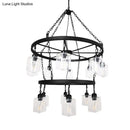GobekUsa Industrial Pendant Chandelier: 2-Tier Wheel Multi-Light Lamp with Clear Glass, Black Finish, and Cylinder Shade