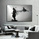 Japanese black samurai man ink wall art bedroom canvas decor by Decorbites
