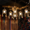 GobekUsa Lantern Restaurant Island Light - Clear Glass & Wood Hanging Lamp with 6 Lights