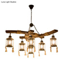 GobekUsa Lantern Restaurant Island Light - Clear Glass & Wood Hanging Lamp with 6 Lights