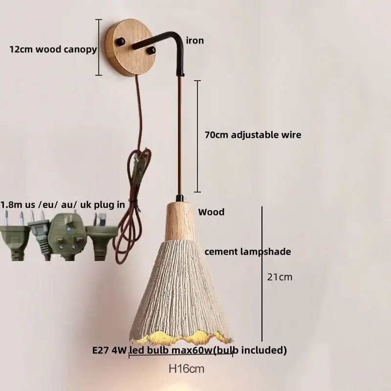 GobekUsa LED Cement Wall Light with Pull Chain & Wood Socket - Nordic Modern Sconce, photo 19 of 22