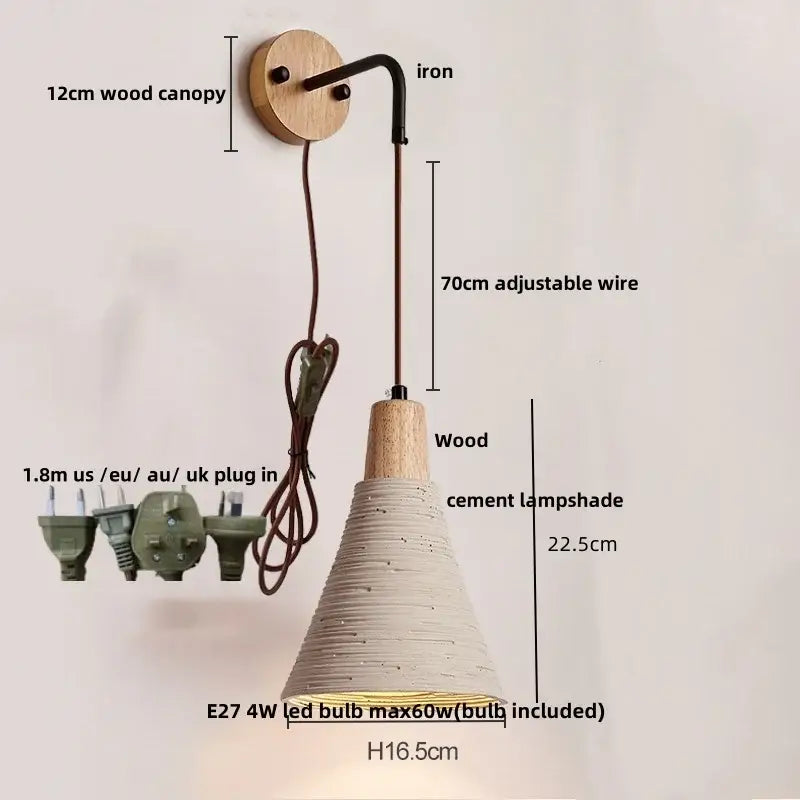 GobekUsa LED Cement Wall Light with Pull Chain & Wood Socket - Nordic Modern Sconce, photo 13 of 22