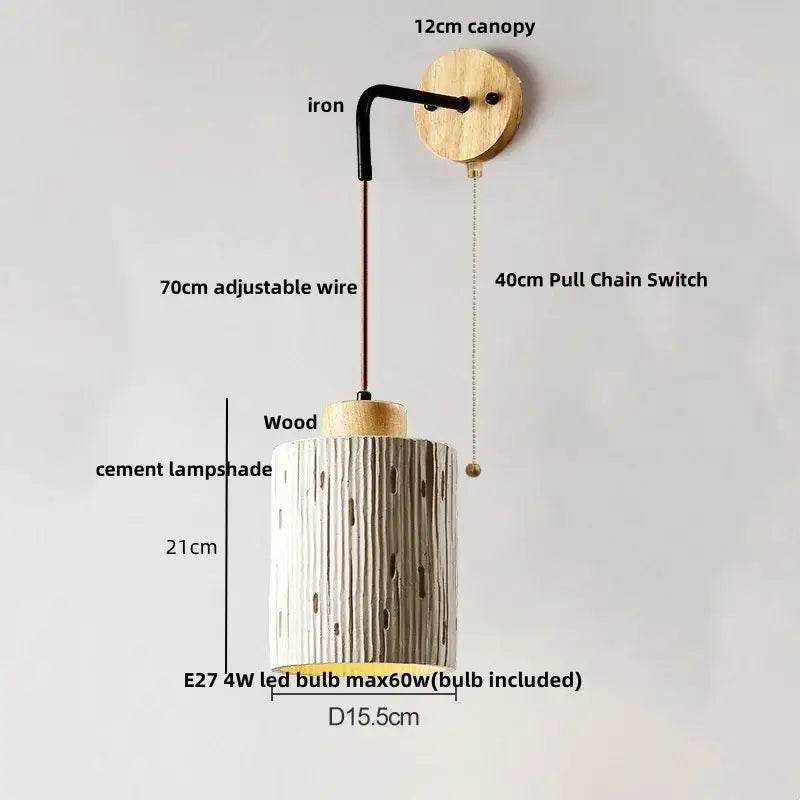 GobekUsa LED Cement Wall Light with Pull Chain & Wood Socket - Nordic Modern Sconce, photo 6 of 22