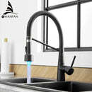 GobekUsa LED Kitchen Faucet Single Hole Pull Out Spout Black Mixer Tap