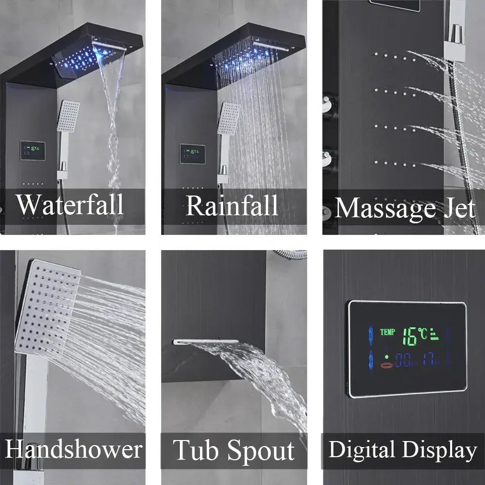 GobekUsa LED Rainfall Shower Panel Set with Temperature Screen and Hand Sprayer, photo 2 of 12