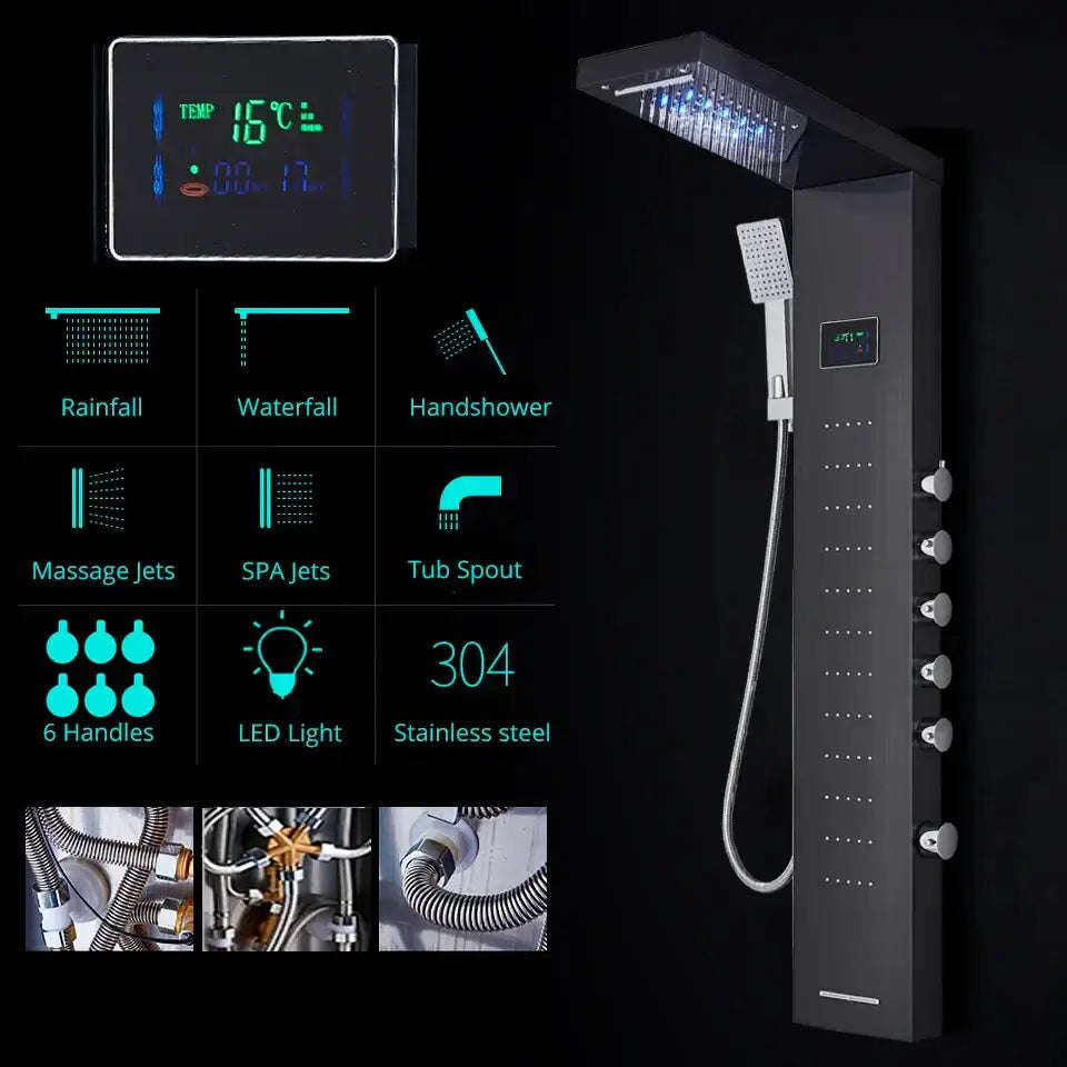 GobekUsa LED Rainfall Shower Panel Set with Temperature Screen and Hand Sprayer, photo 3 of 12