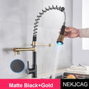 GobekUsa LED Spring Kitchen Faucet: Dual Swivel Spout, Pull Down, Hot Cold Mixer Tap