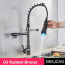 GobekUsa LED Spring Kitchen Faucet: Dual Swivel Spout, Pull Down, Hot Cold Mixer Tap