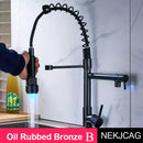 GobekUsa LED Spring Kitchen Faucet: Dual Swivel Spout, Pull Down, Hot Cold Mixer Tap