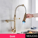 GobekUsa LED Spring Kitchen Faucet: Dual Swivel Spout, Pull Down, Hot Cold Mixer Tap