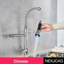 GobekUsa LED Spring Kitchen Faucet: Dual Swivel Spout, Pull Down, Hot Cold Mixer Tap