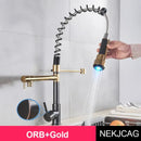 GobekUsa LED Spring Kitchen Faucet: Dual Swivel Spout, Pull Down, Hot Cold Mixer Tap