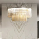 GobekUsa LED Tassel Chandelier Pendant Light for Living Room Villa Hall Silver Lustre