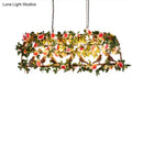GobekUsa Loft Style Iron Birdcage Pendant Light with Artificial Green-Pink Flower and Plant - 4 Bulbs Island Lamp