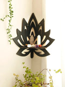 Modern black metal lotus floating wall shelf living room decor by Decorbites