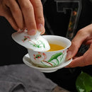 Hand painted lotus white porcelain gaiwan tea set dining room by Decorbites