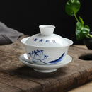 Hand painted lotus white porcelain gaiwan tea set dining room by Decorbites