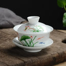 Hand painted lotus white porcelain gaiwan tea set dining room by Decorbites