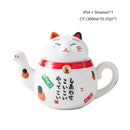 White lucky cat porcelain tea set kitchen ceramic teapot and cups by Decorbites