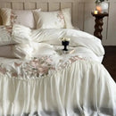 GobekUsa Luxe Lace Ruffles Wedding Bedding Set Flowers Embroidery Duvet Sheet Pillowcase