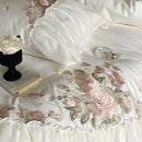 GobekUsa Luxe Lace Ruffles Wedding Bedding Set Flowers Embroidery Duvet Sheet Pillowcase