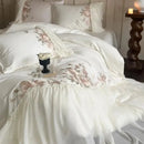 GobekUsa Luxe Lace Ruffles Wedding Bedding Set Flowers Embroidery Duvet Sheet Pillowcase