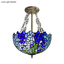 GobekUsa Mediterranean Stained Glass 3-Headed Blue Semi-Flush Dome Ceiling Light