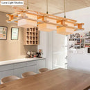 GobekUsa Modern Cream Glass Cube Pendant Light with 3 Wooden Heads