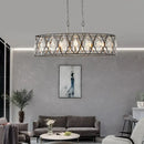 GobekUsa Modern Drum Frame Island Pendant Light | Black Metal with Crystal Block Accent | 8 Bulbs Suspension Lamp