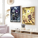 Modern murder drones gold & purple wall art bedroom framed posters by Decorbites