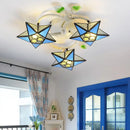 GobekUsa Modern Tiffany Stained Glass Flush Mount Ceiling Light with 3 Star-Shaped Heads in Vibrant Multicolor