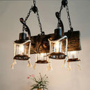 GobekUsa Nautical Wood Board Black Island Lamp - 4-Light Linear Suspension Lighting with Lantern and Hemp Rope