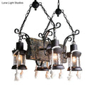 GobekUsa Nautical Wood Board Black Island Lamp - 4-Light Linear Suspension Lighting with Lantern and Hemp Rope
