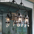 GobekUsa Nautical Wood Board Black Island Lamp - 4-Light Linear Suspension Lighting with Lantern and Hemp Rope