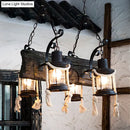 GobekUsa Nautical Wood Board Black Island Lamp - 4-Light Linear Suspension Lighting with Lantern and Hemp Rope