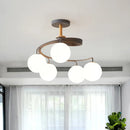 GobekUsa Nordic Iron Swirl Flush Chandelier with 5 Bulbs, Grey/Green Semi Flush Ceiling Light featuring Orb Glass Shade and Wood Downrod