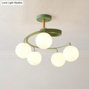 GobekUsa Nordic Iron Swirl Flush Chandelier with 5 Bulbs, Grey/Green Semi Flush Ceiling Light featuring Orb Glass Shade and Wood Downrod