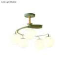 GobekUsa Nordic Iron Swirl Flush Chandelier with 5 Bulbs, Grey/Green Semi Flush Ceiling Light featuring Orb Glass Shade and Wood Downrod