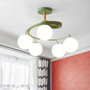GobekUsa Nordic Iron Swirl Flush Chandelier with 5 Bulbs, Grey/Green Semi Flush Ceiling Light featuring Orb Glass Shade and Wood Downrod