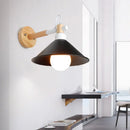 GobekUsa Nordic Style Conic Wall Sconce with Wooden Backplate and Black Metallic Finish