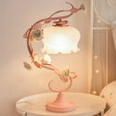 GobekUsa Pastoral Style Bud White Glass Bedside Table Lamp with Ceramic Rose - Soft and Elegant Nightstand Lighting