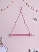 Boho pink green wooden macrame hanging shelf for kids room by Decorbites