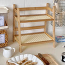 Boho light wood rattan 2-tier desktop organizer shelf bedroom storage by Decorbites