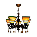 GobekUsa Retro Geometric Stained Glass Chandelier with Crystal Pendants - 5 Bulbs in Yellow/Blue for Bedroom