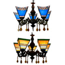 GobekUsa Retro Geometric Stained Glass Chandelier with Crystal Pendants - 5 Bulbs in Yellow/Blue for Bedroom