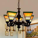 GobekUsa Retro Geometric Stained Glass Chandelier with Crystal Pendants - 5 Bulbs in Yellow/Blue for Bedroom