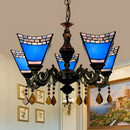 GobekUsa Retro Geometric Stained Glass Chandelier with Crystal Pendants - 5 Bulbs in Yellow/Blue for Bedroom