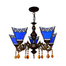 GobekUsa Retro Geometric Stained Glass Chandelier with Crystal Pendants - 5 Bulbs in Yellow/Blue for Bedroom