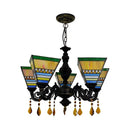GobekUsa Retro Geometric Stained Glass Chandelier with Crystal Pendants - 5 Bulbs in Yellow/Blue for Bedroom