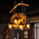 GobekUsa Retro Ship-Shaped Island Lamp - Black Metallic Hanging Light Fixture for Restaurants - 6 Lights - White Fabric/Clear Glass Shade